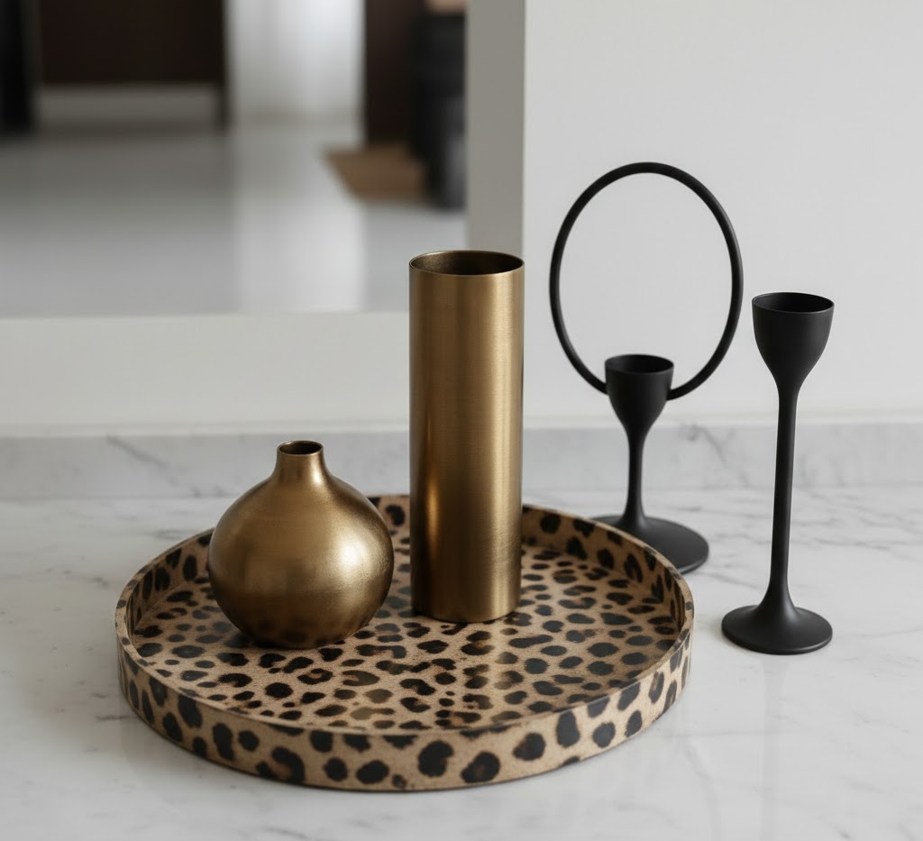 Leopard print decorative tray paired with brushed brass and blackened steel accents on a marble surface.