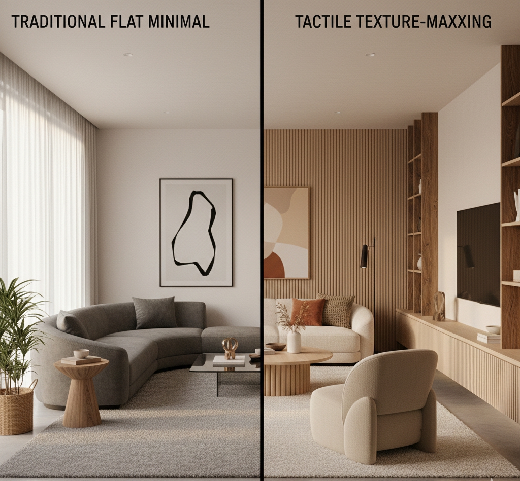 Side-by-side comparison of flat millennial grey quiet luxury versus the tactile 2026 texture-maxxing trend.