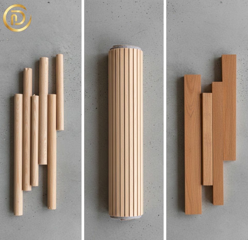 A split image showing a stained wood fluted base vs a matte black painted base.