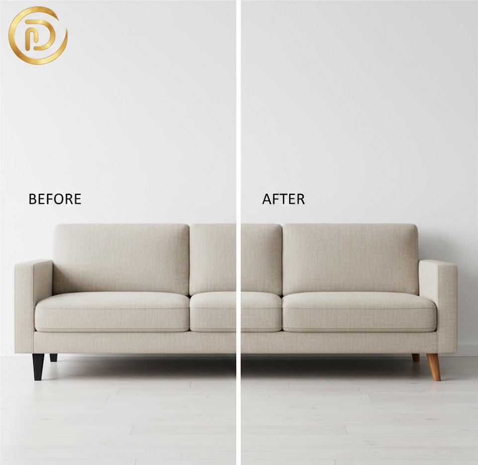 DIY budget luxury tip: replacing plastic sofa legs with solid wood mid-century legs.