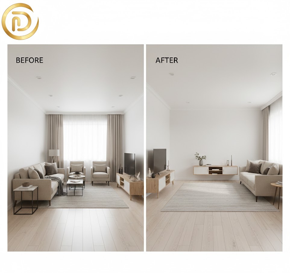 Comparison of common living room layout mistakes versus a professional furniture arrangement.
