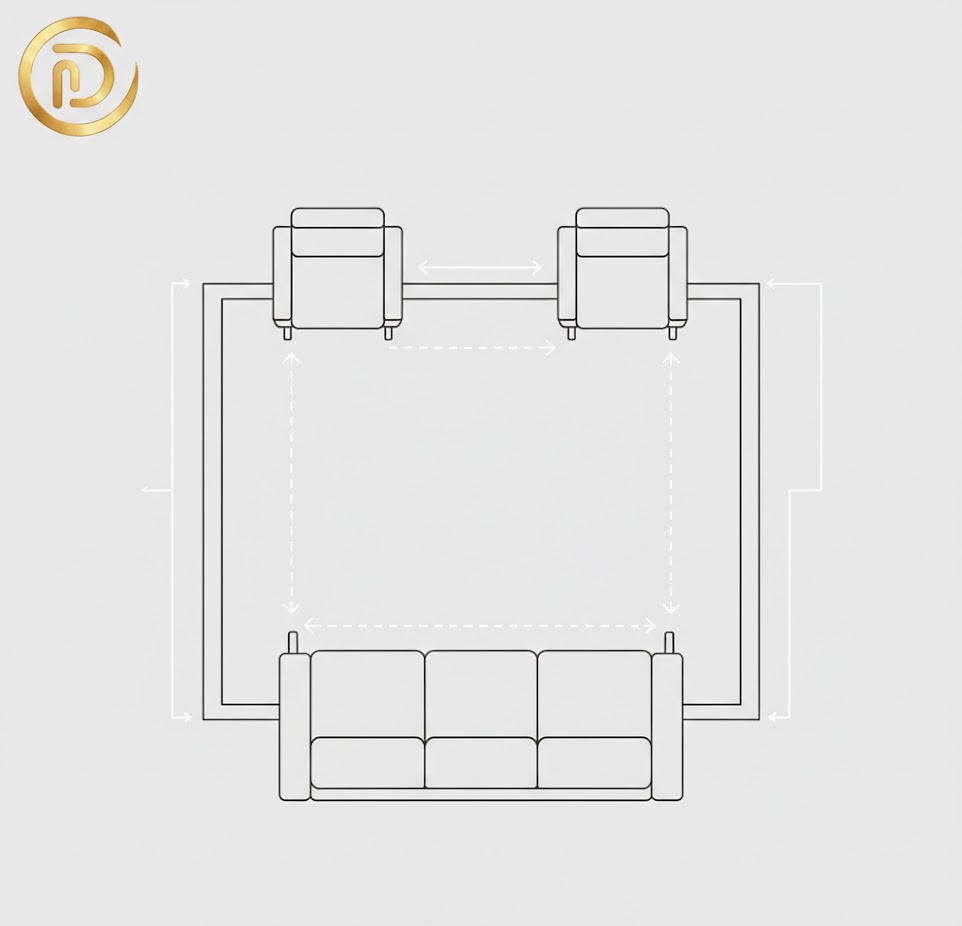 Correct rug placement for a small living room where front legs of furniture sit on the rug