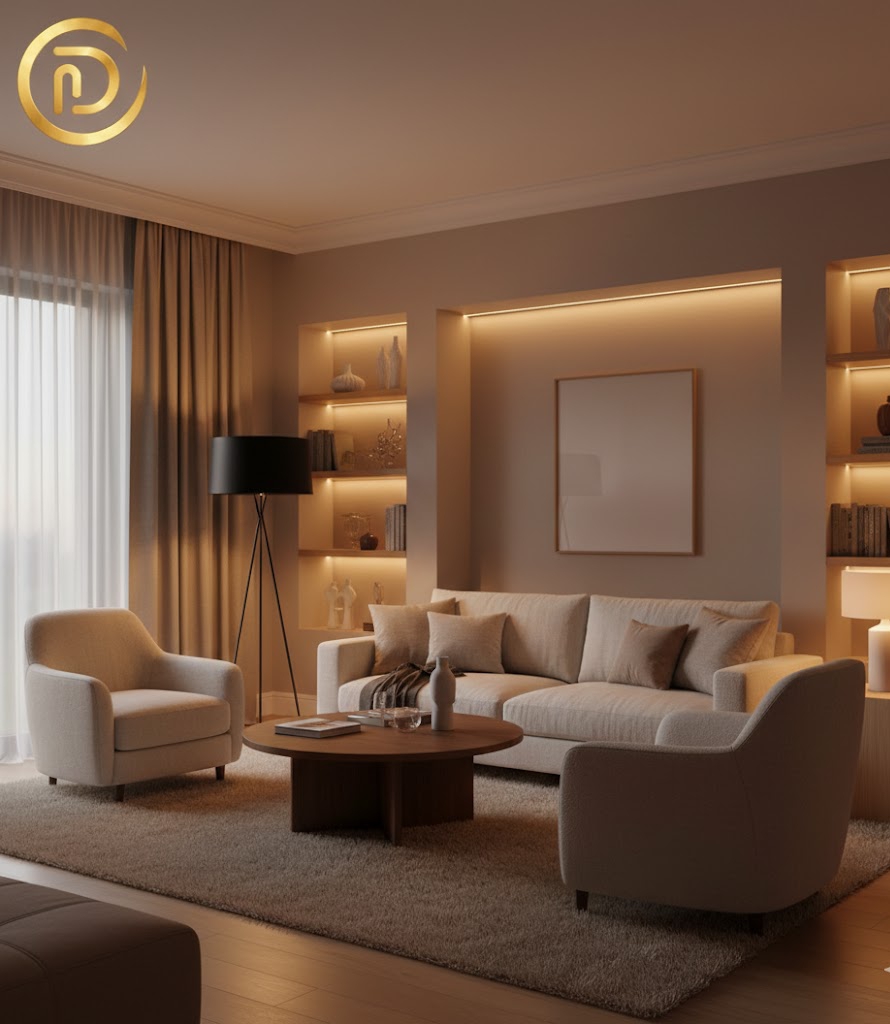 Three layers of lighting in a small living room to eliminate dark corners and add height.