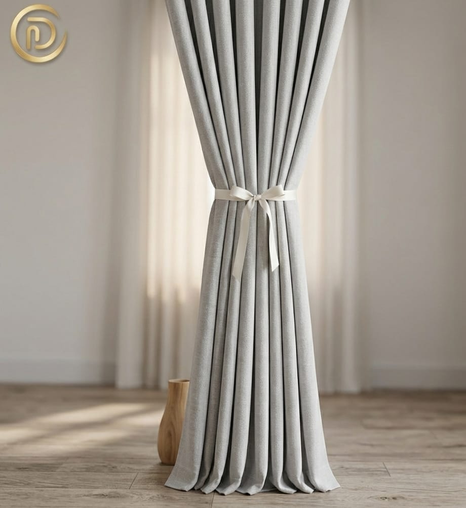 `Linen curtains tied with ribbon to train the fabric into neat, vertical pleats for a custom look. This is the best no-sew curtains' example