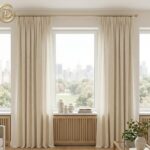 Elegant cream linen no-sew curtains hung high and wide on a brass rod in a bright, modern living room.