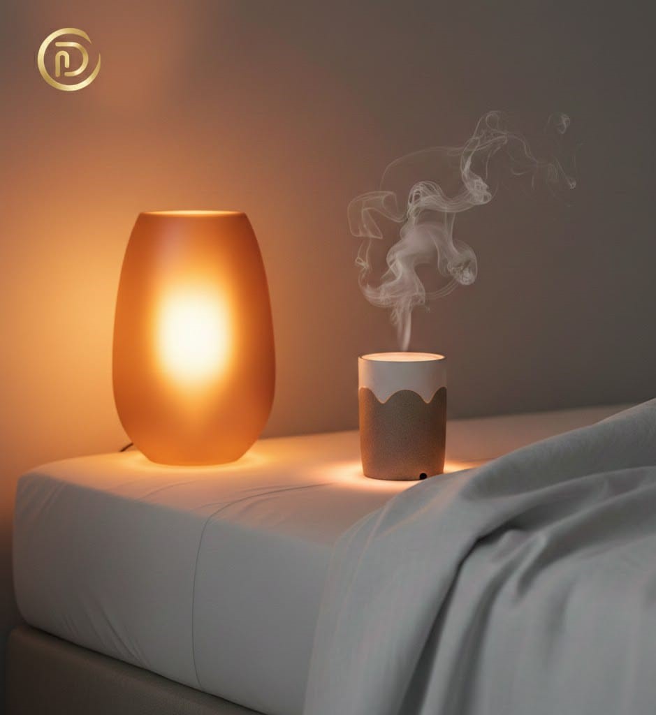 Sensory luxury details including warm lighting and essential oils in a guest room