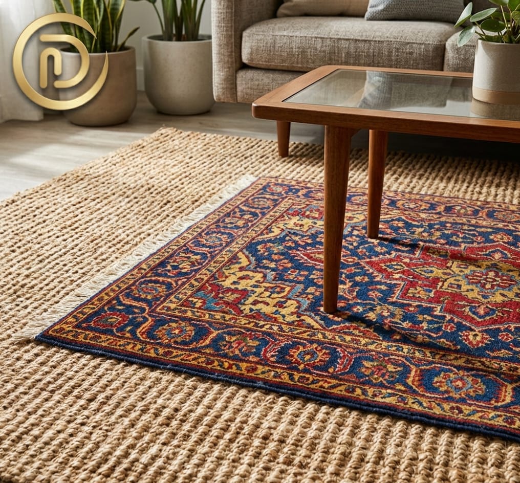 Layered rugs used for studio apartment zoning on a budget.