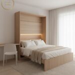 Modern luxury guest room in a multi purpose space with a hidden Murphy bed and desk.