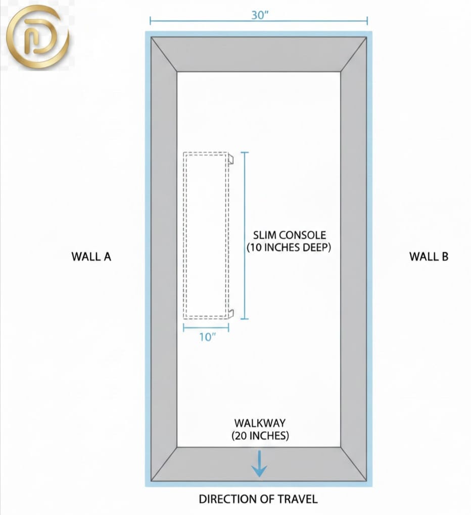 Diagram showing a slim console table following the 12-inch rule for narrow hallways