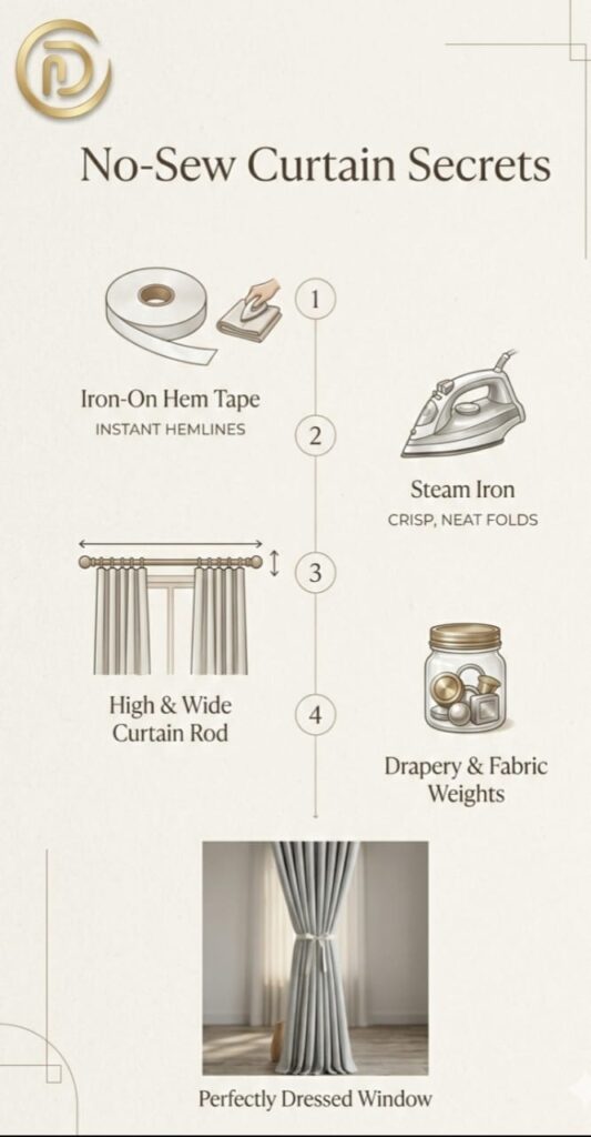 Infographic summary of no-sew curtain hacks including hem tape, ironing, and rod placement.