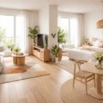 Complete studio apartment zoning layout showing rugs as room dividers.