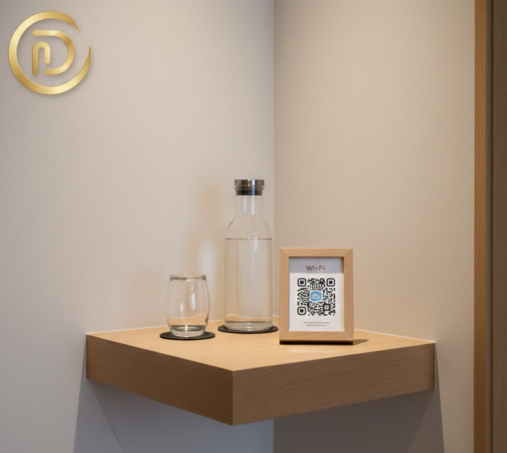 Vertical hospitality station as a small space hack for a luxury guest room.