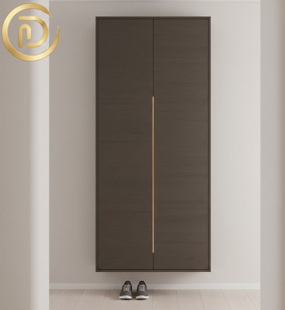 Wall-mounted vertical shoe storage tower used as a small space organization hack