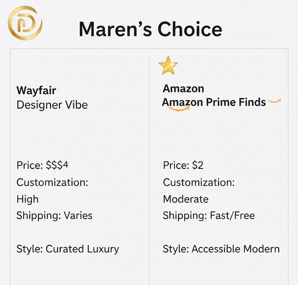 Comparing a Wayfair vs. Amazon budget sofa side-by-side in a modern living room layout.