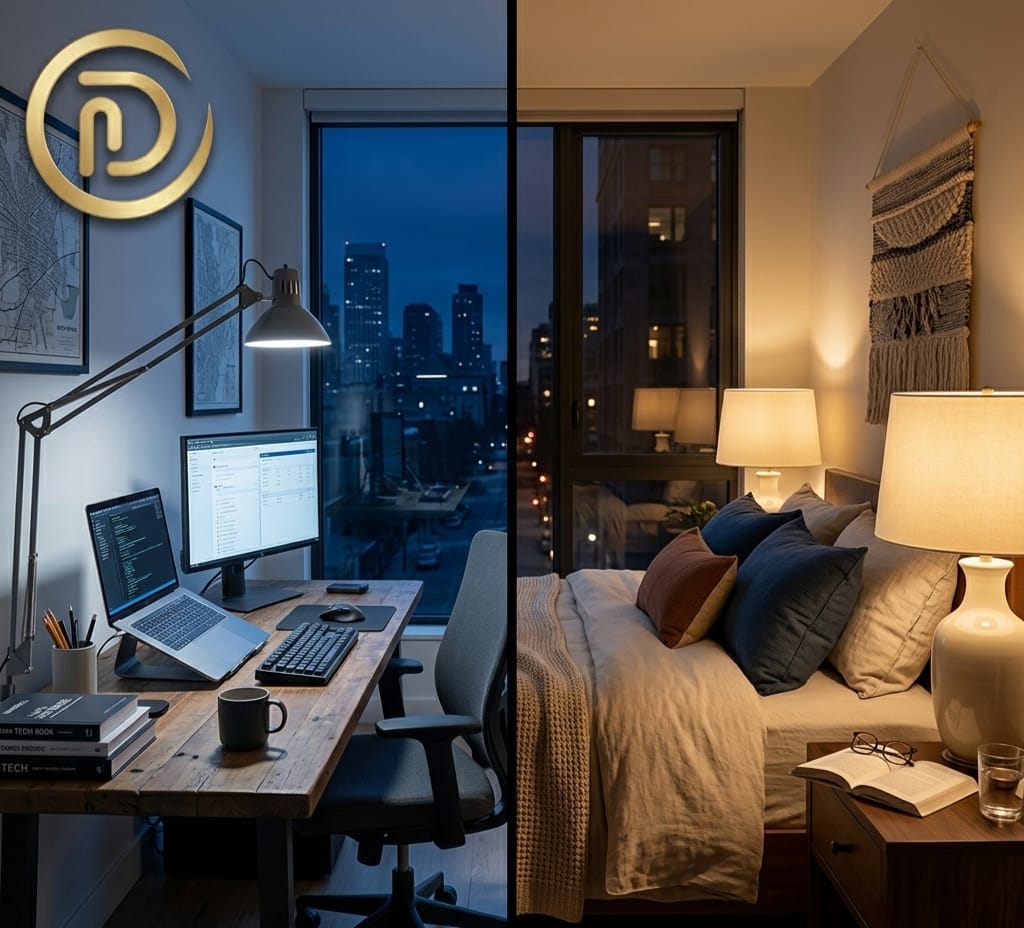 Using different light color temperatures for studio apartment zoning.