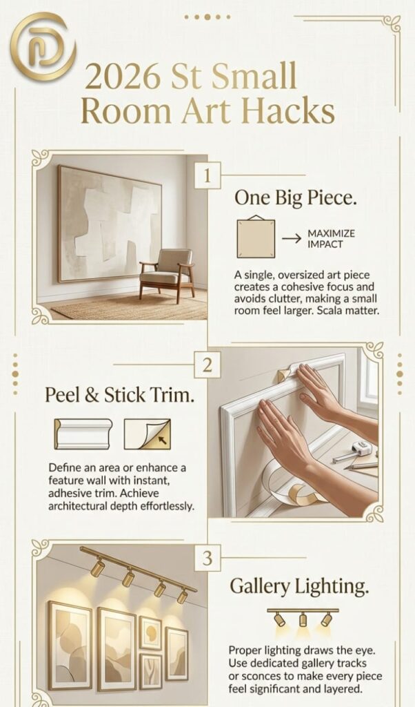 Infographic summary of 2026 budget luxury tips for using large wall art in small living rooms.