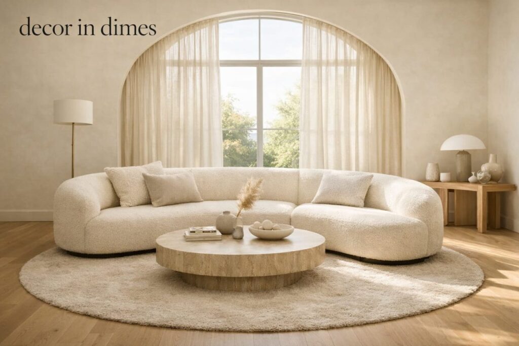 Modern 2026 living room layout featuring a curved cream bouclé sofa and a circular rug.