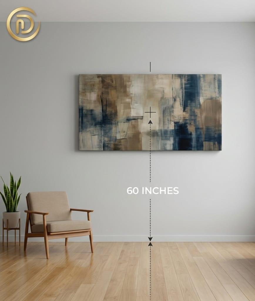 Diagram showing the 60-inch eye-level rule for hanging large wall art in a living room.